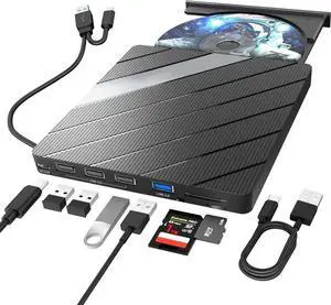 8-In-1 External CD DVD Drive, USB 3.0 Optical Disc Drive, SD/TF Card Reader USB 3.0 Hub, CD DVD Burner Writer Reader Player for Laptop MacBook iMac Desktop PC Windows 11/10/8/7/XP Linux Mac OS