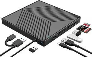 External DVD Drive, 8-In-1 CD Drive Burner DVD Player with 4*USB 3.0 Hub and SD/TF Card Reader, Portable DVD CD ROM +/-RW Disk Drive Writer for Laptop Mac Win 11/10/8/7 Linux Computer PC
