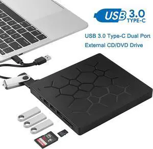 External CD DVD Drive USB 3.0 Type-C Portable CD/DVD ROM Drive Burner Rewriter with 4 USB Ports and 2 SD Card Slots for Windows Linux Mac Laptop Desktop, MacBook Pro/Air, iMac