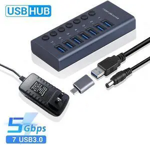 Powered USB Hub, 7-Port USB Splitter Hub (7 Faster Data Transfer Ports) with Individual LED On/Off Switches, USB Hub 3.0 Powered with Power Adapter for Mac, PC