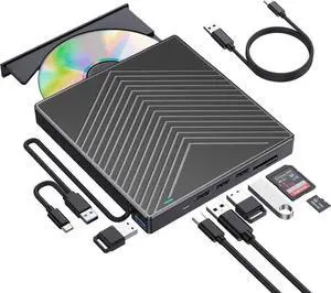 8-In-1 External CD DVD Drive, USB 3.0/Type-C Optical Disc Drive, SD/TF Card Reader USB 3.0 Hub, CD DVD Burner Writer Reader Player for Laptop MacBook iMac Desktop PC Wins 11/10/8/7/XP Linux Mac