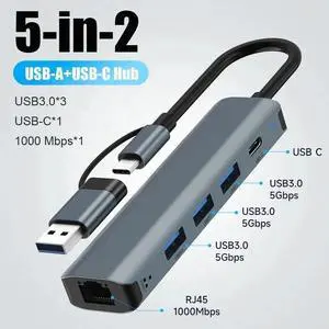 USB to Ethernet Adapter Gigabit | 3-Port USB3.0/1-Port USB-C Hub with 10/100/1000 RJ45 Adapter,Aluminum 5-in-1 USB-A/C to LAN Network Converter for Surface Pro,Chromebook,Dell and Laptop