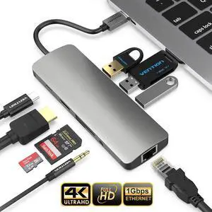 USB C Hub, 9 in 1 USB Type C Adapter with Ethernet, 4K USB C to HDMI, 3 USB 3.0 Ports, SD/TF Card Reader, 3.5mm Audio Jack, PD Fast Charging for Mac Book Pro and Other Type-C Laptops