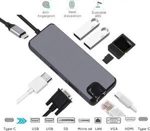 Multiport Adapter 8 in 1 USB C to HDMI 4K,Micro SD/TF Card Reader,VGA,USB 3.0,Enthernet,PD Charge Port,Type C UHD Digital Converter Hubs for MacBook 2017, USB C Thunderbolt 3 Compatible Device