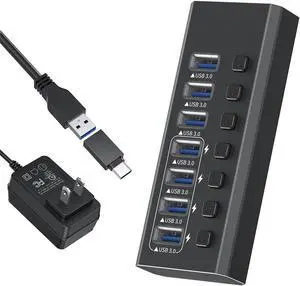 Powered USB Hub 3.0, 7-Port USB Data Hub Splitter (7 Data Transfer Ports+ 4 Smart Charging), Individual On/Off Switches and 12V Power Adapter USB Extension for MacBook, Mac Pro/Mini and More