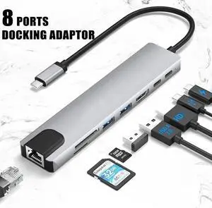 USB-C Hub 8 in 1 USB Hub Adapter Docking Station Dongle USB C Type-C Hub to Multi Port USB Speed 5Gbps TF/SD Card Reader ,USB2.0, 4K HDMI, USB-C, 100W PD, Ethernet, USB C Hub