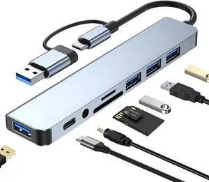 USB A Type C Hub, 8-in-1 Dongle, USB C to USB3.0, 3 USB 2.0,100W Power Delivery, SD/TF Card Reader and 3.5mm Audio Adapter, Compatible with MacBook Air Pro, Chromebook and Other Type C Laptops