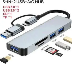 Aluminum 5 in 1 USB C & USB Hub with USB 3.0, 2*USB 2.0 Ports, TF/SD Card Reader for PC/Laptops/MacBook Pro/Air/iMac/iPad and More Devices