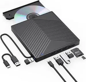8-In-1 External DVD Driver USB, Portable CD/DVD +/-RW Drive/DVD Player with SD/TF Card Reader USB3.0 Hub USB C Power Port CD ROM Burner Compatible with Laptop Mac MacBook PC Windows Linux