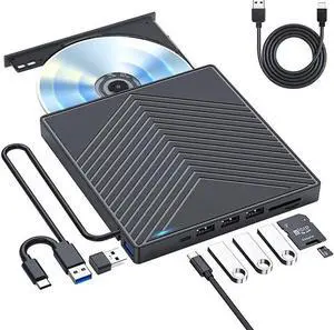 DVD Player for Laptop, 8-In-1 External CD Drive with 4*USB 3.0 Hub and SD/TF Card Reader, Portable CD Burner, DVD Reader Writer ROM Drive Compatible with Laptop PC Mac,Win 11/10/8/7
