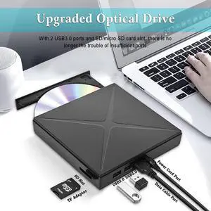 External DVD Drive for Laptop, Portable High-Speed USB-C&USB 3.0 CD Burner/DVD Reader Writer for PC Desktops, Support SD cards Reader Compatible with Windows/Mac OSX/Linux