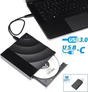 Slim Type C External CD Drive, USB 3.0 Portable CD/DVD +/-RW Drive Ultra-Thin DVD/CD ROM Rewriter Burner with Touch Sensitive Button Compatible with Laptop Desktop PC Windows Linux OS Apple Mac