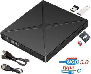 External CD Drive USB 3.0/Type-C Portable CD/DVD+/-RW Burner Player Writer Support SD cards Reader Compatible with Windows XP/7/8/10, MacOS, Linux for MacBook, Laptop, Desktop