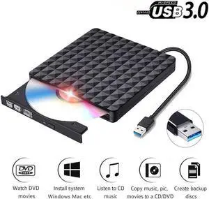 Diamond Pattern External CD Drive USB 3.0 Portable High-Speed DVD±RW/CD±RW Reader/Burner/Player/Writer for PC Desktop/Laptop/Linux/Notebook Windows 10/8/7/XP/Vista(Black)