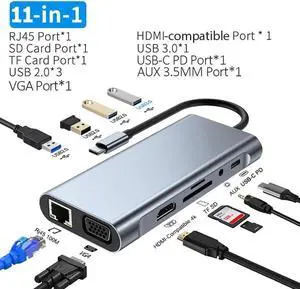 11-Ports USB C Hub, USB Hub to Multiport USB C Dongle Adapter 11 in 1 with 4K HDMI, VGA, RJ45, USB 3.0, 3*USB 2.0 Ports, 100W USB-C PD, 3.5mm Aux Ports, TF/SD for MacBook Pro and More Devices