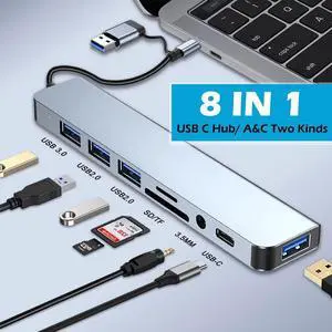 8-Ports USB C Hub, USB Hub to Multiport USB C Dongle Adapter 8 in 1 with 4 USB-A Ports,TF/SD Card Reader,USB-C,3.5mm Aux Ports Compatible with MacBook Pro Air XPS and More Type C USB Devices