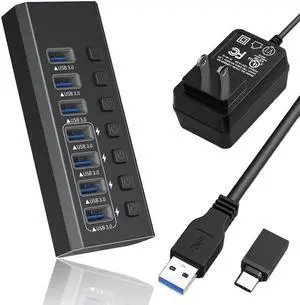 Powered USB Hub, 7-Port USB Splitter Hub (7 Data Transfer Ports+ 4 Smart Charging) with Individual LED On/Off Switches, USB Hub 3.0 Powered with Power Adapter for Mac, PC