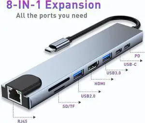 USB-C Hub for Laptop 8 in 1 USB C Dongle with 4K HDMI, 100W PD, USB-A 3.0&2.0 Port, TF/SD Card Reader,USB-C, 10/100M Ethernet, for MacBook Pro/Air, iPad Pro, XPS