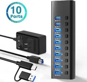 10-Port USB 3.0/USB-C Hub with 7 Port USB 3.0 Ports, 2 Port USB-C 3.2 , 1 Port USB-A 3.2, USB Splitter with Individual On/Off Switches and 12V Power Adapter