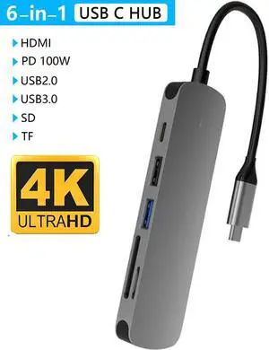 USB C Hub, MacBook Pro Adapter USB C Dongle, 6 in 1 USB C to HDMI Multiport Adapter Compatible for USB C Laptops Nintendo and Other Type C Devices (4K HDMI USB3.0/2.0 SD/TF Card Reader 87W PD)