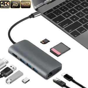 USB C Hub,Type C Hub, 8-in-1 Adapter with Gigabit Ethernet, PD 3.0 Charging Port, 4K USB C to HDMI, 3 USB3.0, SD/TF Card Reader Compatible with MacBook/Pro/Air/IMAC and More Type C Devices