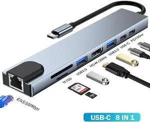 Aluminum 8 in 1 USB C Hub with 4K HDMI, USB 3.0, USB 2.0 ,USB-C, 100W PD, Ethernet, TF/SD Card Reader for PC/Laptops/MacBook Pro/Air/iMac/iPad and More Devices