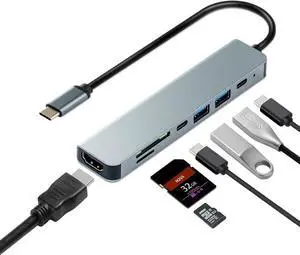 7-in-1 Powered USB-C Multiport Hub Adapter: 100W PD, 4K HDMI, USB-C Ports, USB 3.0, USB 2.0, SD/TF Card Reader - Compatible with Laptops, Computers, MacBook Pro/Air, and Other Type-C Devices