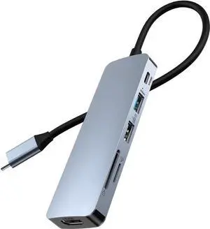 6-in-1 USB C Hub with 4K HDMI, Multiport USB C Adapter featuring USB 3.0, USB 2.0, 100W PD, SD/TF Card Reader, Ideal for MacBook, Surface Pro/Go, iPad Pro/Air, Laptops and Other Type C Devices