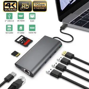 USB C Hub, 8-in-1 USB C Adapter with 4K HDMI, 1Gbps RJ45 Ethernet Port, 60W Power Delivery, SD/TF Card Reader, 3 USB 3.0 Ports, Compatible with MacBook/Pro/Air, Type C Windows Laptops