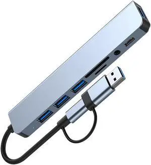 8in1 USB C Multiport Adapter with 4X USB, 100W Power Delivery,TF/SD Card Reader and 3.5mm Audio Compatible with MacBook, iPad Pro, iMac, S23, XPS17