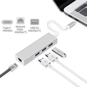3-Port USB-C to 3*USB 3.0 Aluminum Portable Data Hub, with 10 Mpbs, 100 Mbps, 1000 Mbps, or 1 Gigabit Network Adapter with Ethernet Port, for MacBook Pro 2016, ChromeBook, XPS and More, Silver