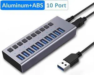 Powered USB Hub, 10-Port USB 3.0 Hub with 5Gbps 10 USB 3.0 Ports, Individual Switches and 12V4A Power Adapter, Aluminum USB Port Expander for Laptop/PC