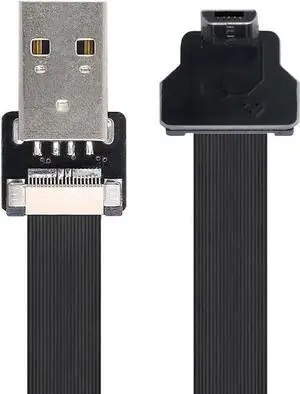 Type-A USB 2.0 Male to Micro USB 5Pin Male Downward Angled 90 Degree Data Flat Slim FPC Cable 50CM for FPV & Disk & Phone
