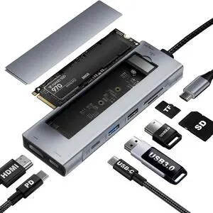 8-in-1 USB C Docking Station with USB-C to M.2 NVMe/SATA SSD Enclosure 10Gbps, 4K HDMI, 10Gbps USB 3.2,USB-A, 10Gbps USB C, 100W PD, SD/TF Card Reader for MacBook/USB-C Laptop