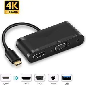 USB C to HDMI + VGA Audio Adapter, USB Type C (Thunderbolt 3 Compatible) to HDMI 4K+VGA Video Converter, for 2017 New MacBook Pro/Chromebook Pixel/ThinkPad T470 /Samsung Galaxy S8/S8