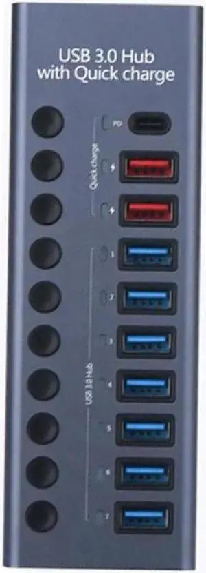 Powered USB Hub - 10-Port USB 3.0 Hub with Power Adapter, (7 USB 3.0 Data Transmission Ports + 2 Smart Charging Ports + 1 PD Charging Port) - Aluminum