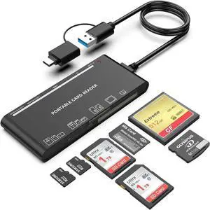 Memory Card Reader, 7in2 USB 3.0/USB C to SD Micro SD MS CF Card Reader Adapter, 5 Cards Simultaneously Read and Write, Compatible with Windows/Linux/Mac OS, and More