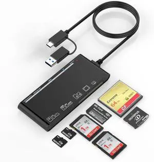 7 in 2 USB 3.0/USB C Card Reader - Plug & Play, Compatible with Apple & Windows, Supports SD SDXC SDHC CF CFI TF Micro SD Micro SDXC Micro SDHC MS MMC UHS-I Cards