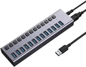 Powered USB Hub, 16 Port USB 3.0 Hub Splitter Portable Aluminum USB Data Hub Expander with Individual On/Off Switch and Universal 12V7.5A AC Adapter, 3.3ft USB 3.0 Cable (HS082-16U)