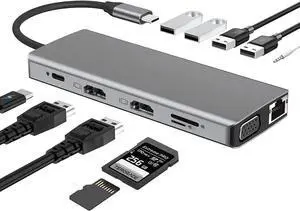 Laptop Docking Station Triple Monitor, 12 in 1 USB C Hub Multiport Adapter Dongle with 2 HDMI, VGA, PD, Ethernet, SD/TF, 4 USB Ports, Mic/Audio, Compatible for MacBook/Dell/HP/Lenovo