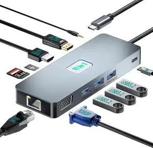 Laptop Docking Station Triple Monitor, 11 in 1 USB C Hub Multiport Adapter Dongle with 4K60 HDMI,DP, VGA, 100W PD, Ethernet, SD/TF, 3 USB3.2 Ports, Mic/Audio for MacBook/Dell/HP/Lenovo
