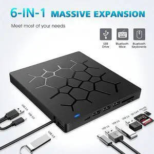 7 -in-1 USB3.0 with Type-C adapter Superdrive External DVD/CD Reader and DVD/CD Burner with 4 USB Ports and 2 SD Card Slots for Apple-MacBook Air/Pro/iMac/Mini/MacBook Pro/ASUS/ASUS/DELL Plug and Play