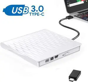 External CD DVD Drive USB 3.0 Type-C Slim Portable DVD/CD ROM +/-RW Optical Drive Burner Writer for MacBook Pro/ Air, iMac, Windows/ Linux/ Mac Laptop Desktop, White