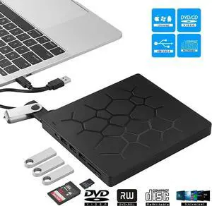 External CD DVD Drive, USB 3.0 Type-C Portable CD/DVD /-RW Drive/DVD Optical Drive disc Player for Laptop with 4 USB Ports and 2 SD Card Slots Compatible with Mac Laptop Desktop PC Windows Linux OS