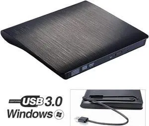 External CD Drive, USB 3.0 Portable CD/DVD +/-RW Drive Slim DVD/CD ROM Rewriter Burner Compatible with Laptop Desktop PC Windows Linux OS Apple Mac(Black)
