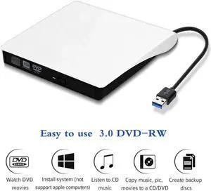External DVD Drive USB 3.0, Portable CD DVD +/-RW Optical Drive Burner Writer for Windows 10/8 / 7 Laptop Desktop Mac MacBook Pro Air iMac HP Dell LG Asus Acer Lenovo Thinkpad, White