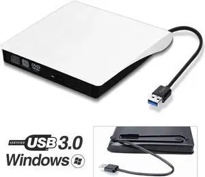 External CD DVD Drive USB 3.0 Portable CD DVD +/-RW Drive Slim DVD/CD Rom Rewriter Burner Writer, High Speed Data Transfer for Laptop/Macbook/Desktop /MacOS/Windows10/8/7/XP/Vi , White