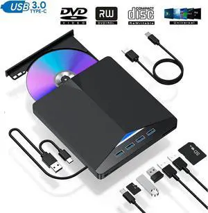 External DVD CD Drive , 7 -in-1 USB 3.0 Type-C Portable CD/DVD ROM +/-RW Drive/DVD Player Rewriter Burner with 4 USB3.0 Ports and TF SD Card Slots Compatible with Laptop Desktop PC Windows Apple Mac
