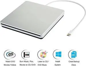 External USB C Superdrive Ultra Slim USB3.0 CD DVD Drive Burner External CD/DVD +/-RW Writer Reader Player with High Speed Data for MacBook Pro Air/Laptop/Windows/Mac OSX - XD055, Silver