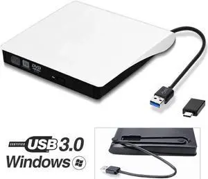 External DVD Drive USB 3.0 USB C CD Burner CD/DVD +/-RW Optical Drive,Slim Portable DVD CD ROM Rewriter Writer Duplicator for Laptop Desktop PC Windows 10/8/7 MacBook Mac Linux OS Apple- White